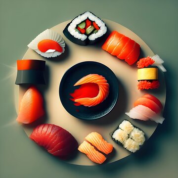 Tabla de sushi variado, con niguiri de salmon y de at&uacute;n, futomakis, makis de tortilla y alga nori, y sashimi de salm&oacute;n emulando ser una gamba en el centro de la tabla sobre un cuenco oscuro