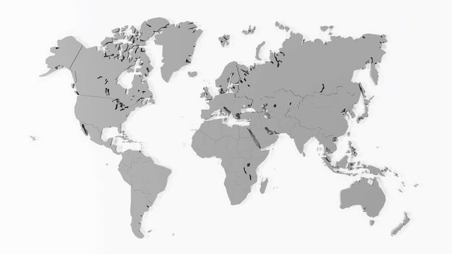 World map animation. Appearance of all countries of the world. Motion design. 4K UHD 3840x2160 3D render high quality.