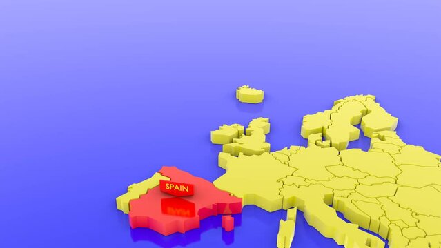 3D rendering of a yellow map of Europe and red pointing out Spain