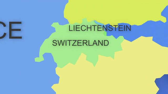 Colorful Europe map zooming towards Switzerland and Liechtenstein