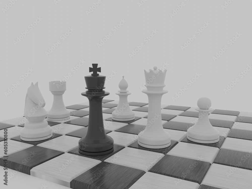 Poster 3d rendering of chess pieces on a board isolated on a white background - strategy concept