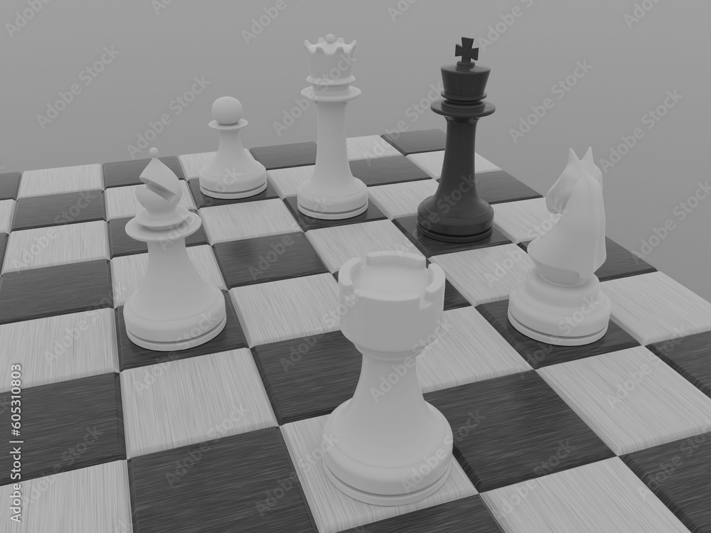 Poster 3d rendering of chess pieces on a board isolated on a white background - strategy concept