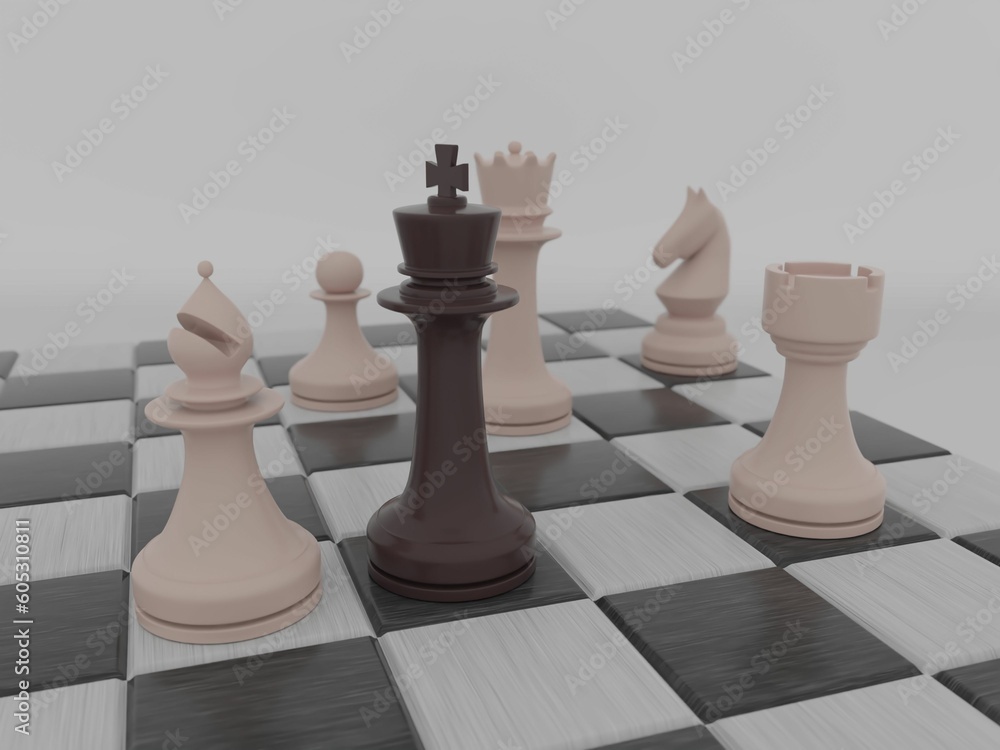 Poster 3d rendering of chess pieces on a board isolated on a white background - strategy concept