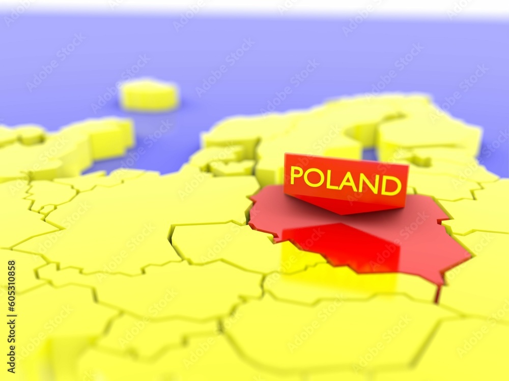 Poster 3d rendering of a yellow europe map focused on poland with a red color