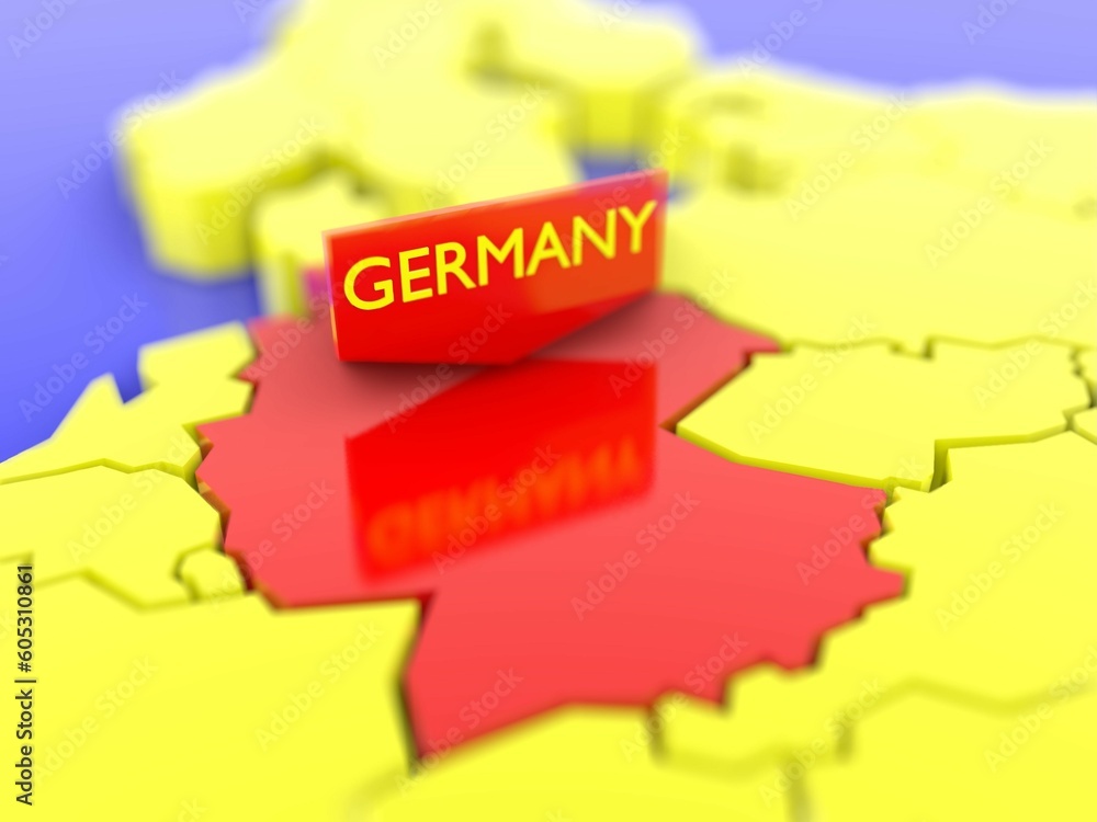 Poster 3d rendering of a yellow europe map focused on germany with a red color