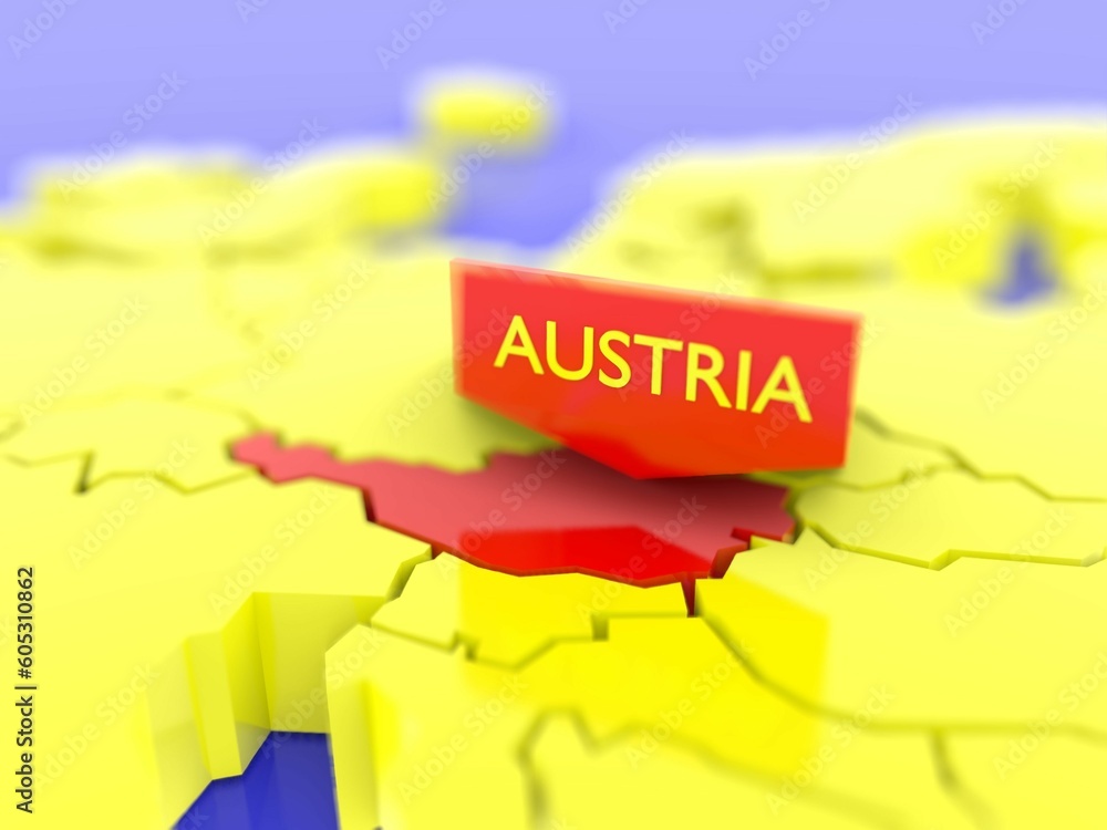 Poster 3d rendering of a yellow europe map focused on austria with a red color
