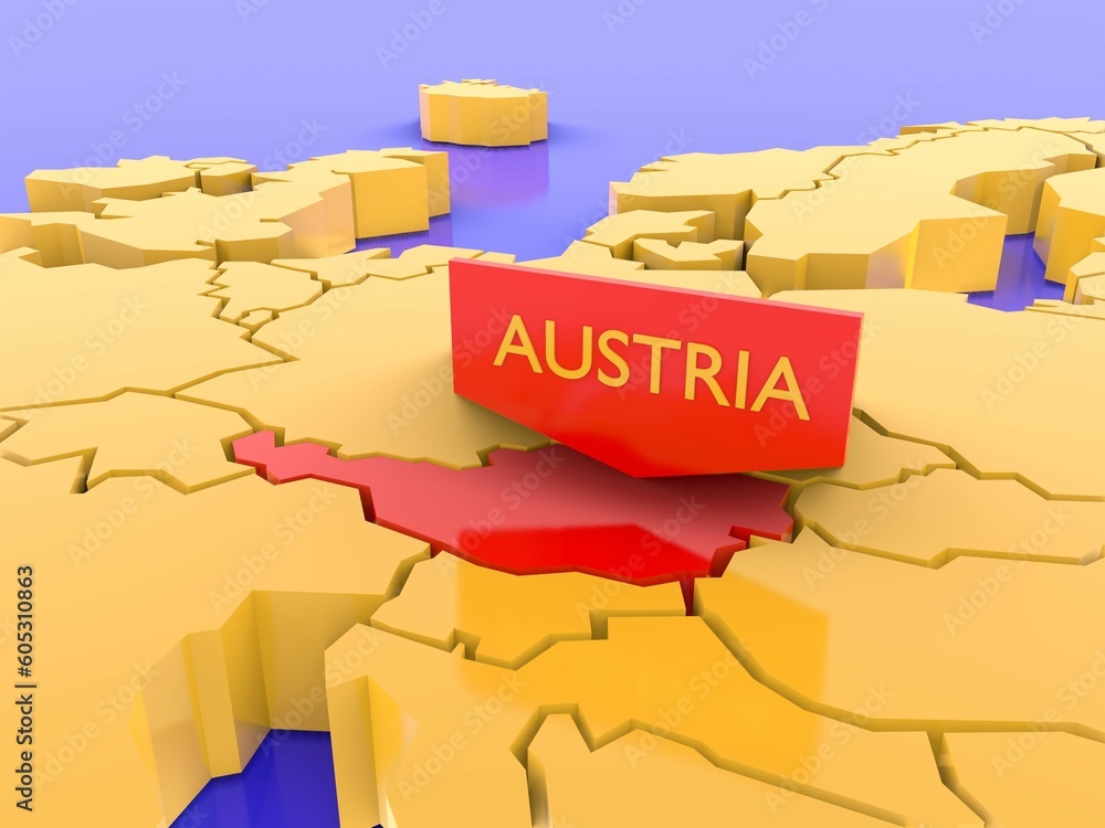 Canvas Prints 3D rendering of a yellow Europe map focused on Austria with a red color