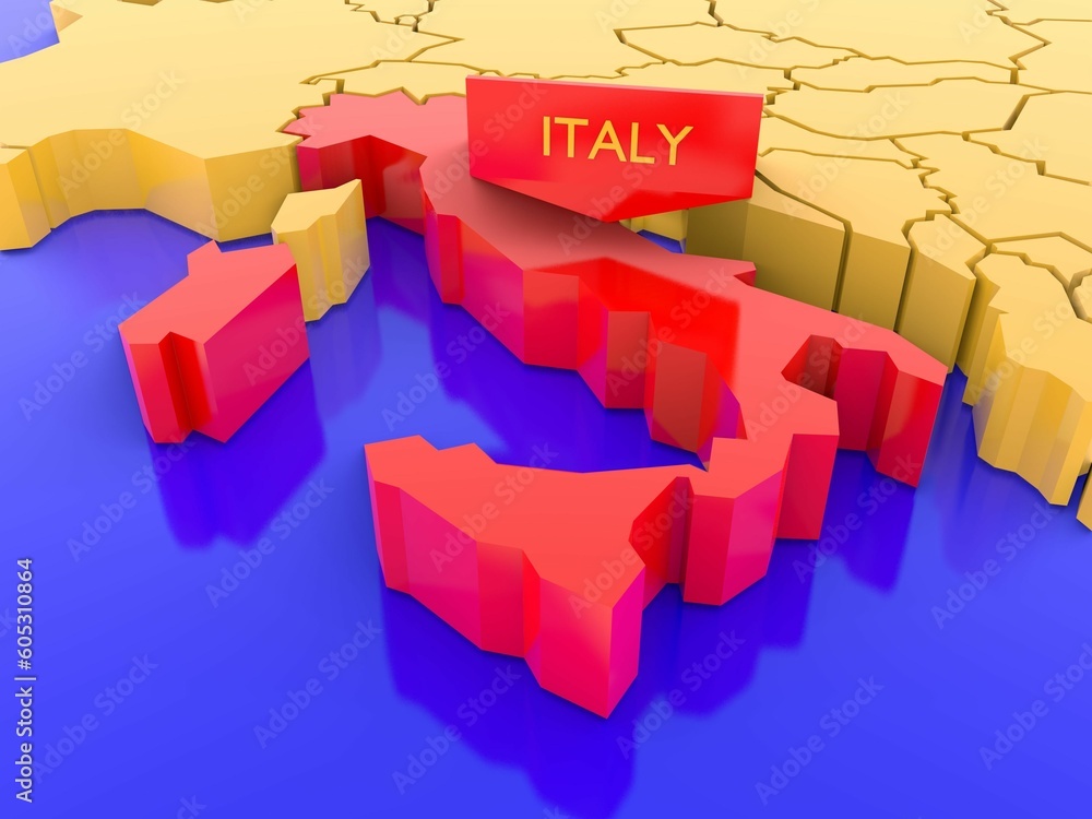 Poster 3d rendering of a yellow europe map focused on italy with a red color