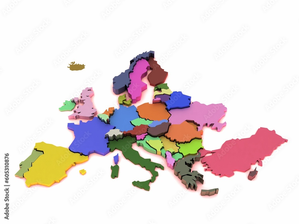 Poster 3d rendering of a colorful map of europe isolated on a white background