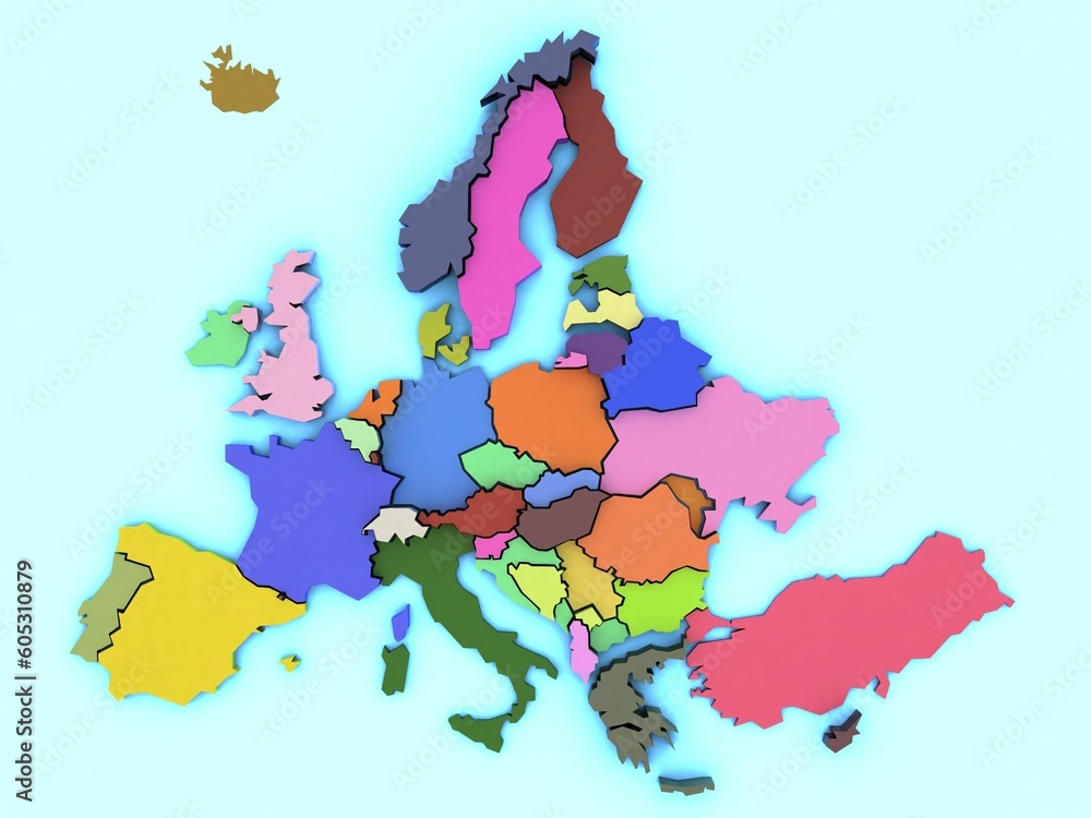 Aufkleber 3d rendering of a colorful map of europe isolated on a blue background