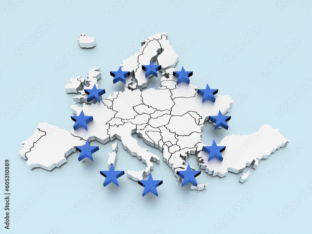 Poster three-dimensional map of europe with the stars of eu isolated on a blue background