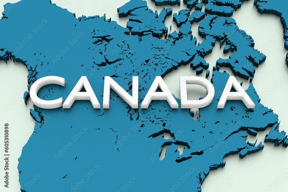 Poster 3d rendering of a map of middle america in blue focused on canada