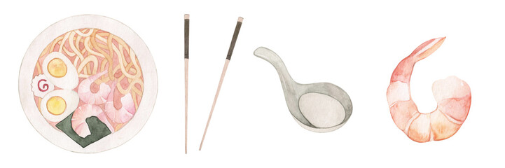 Watercolor drawing Japanese ramen soup with shrimp and noodles. Spoon, shelves for food. Asian Japanese cuisine. Hand drawn.