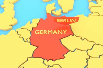 3D rendering of a yellow Europe map focused on Berlin, Germany, with a red color