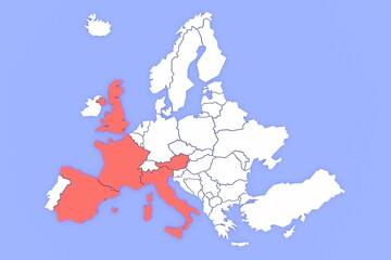 3D-rendered map of Europe focused on countries in red isolated on a purple background