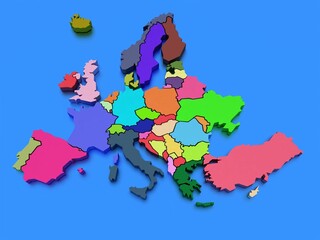 Three-dimensional map of Europe in bright colors isolated on a blue background