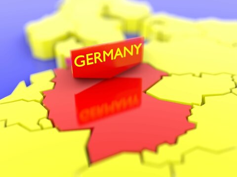 3D rendering of a yellow Europe map focused on Germany with a red color