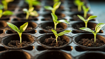 A close-up of seedlings in black plastic pots with soil in them.