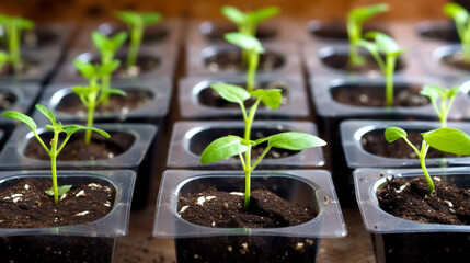 A close-up of seedlings in black plastic pots with soil in them.