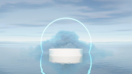 Natural beauty podium background to showcase products with dreamy cloud and blue neon background, romantic. 3d render