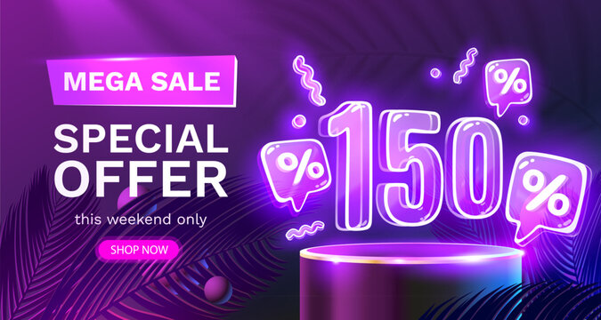 Mega sale special offer, Neon 150 off sale banner. Sign board promotion. Vector illustration