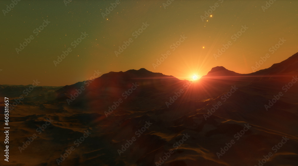 Canvas Prints planet mars dawn sunset, red mountains and the atmosphere of the planet. 3d rendering