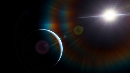 Planet Earth dawn sunset from space. Silhouette planet earth in rays of sun against background of space stars and galaxies 3D render