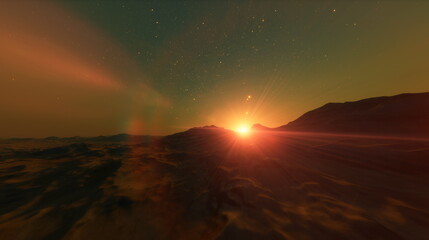 Planet Mars dawn sunset, red mountains and the atmosphere of the planet. 3d rendering