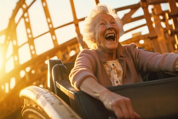 Fototapeta na wymiar AI generated image of old happy woman on rollercoaster