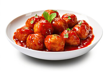 Naklejka na ściany i meble Meatballs in tomato sauce with herbs in white plate isolated on white background. Ai generative