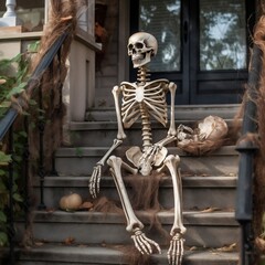 Spooky Halloween Decor Skeleton on Stairs Outside House. Generative AI