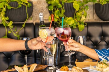 Caucasian hands cheering with cocktail glasses