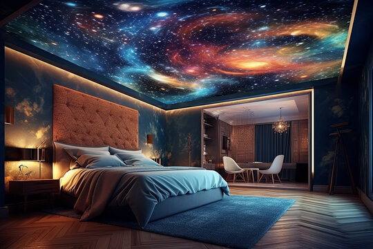 space inside the bedroom interior. Fantastic fantasies and dreams of traveling to stars. Generative AI illustration