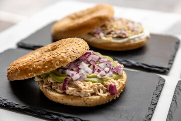 Bagel sandwich with cheese and other ingredients