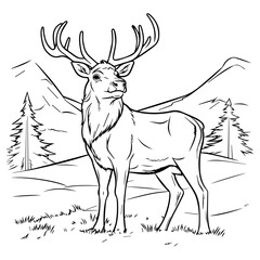 Elk: Vector, Line art, Coloring, Wildlife, Animal, Cute