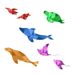 ポリゴンモザイクで描かれた水族館の生き物たち