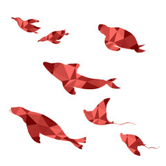 赤のポリゴンモザイクで描かれた水族館の生き物たち