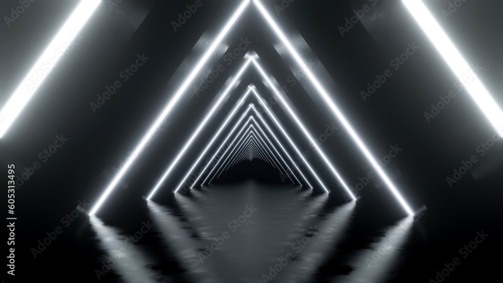 Aufkleber abstract of glowing triangle neon light tunnel in the dark.