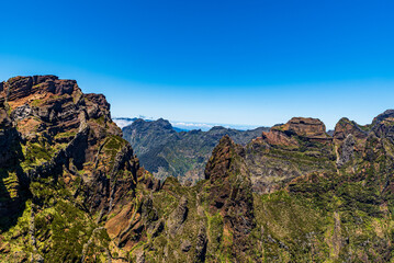 Wild mountains of Madeira - view from Vereda do Areeiro hiking trail between Pico Ruivo and Pico do Areeiro hills