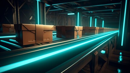 Conveyor belt transporting cardboard boxes in a warehouse, forming an automatic production line. Signifies logistics and shipment. Created by AI.