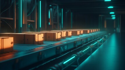 Cardboard boxes flowing on a conveyor belt within a warehouse, forming an automated production line. Depicts logistics and shipment. Created by AI