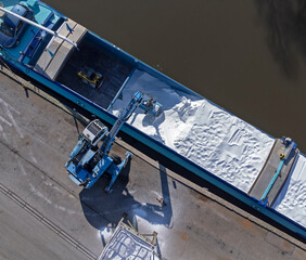 Aerial, drone, ship, barge, fertilizer, crane, transport, unloading boat.