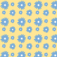 Blue flowers isolated on yellow background. Hand drawn floral seamless pattern vector illustration.