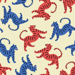 Asian tigers hand drawn vector illustration. Funny colorful animal seamless pattern for kids fabric or wallpaper.
