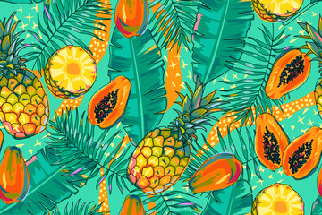 Pineapples, papaya, tropical leaves seamless pattern. Summer background with fruits, palm leaves and banana palm leaves. Cartoon. Vector illustration in orange and blue colors.