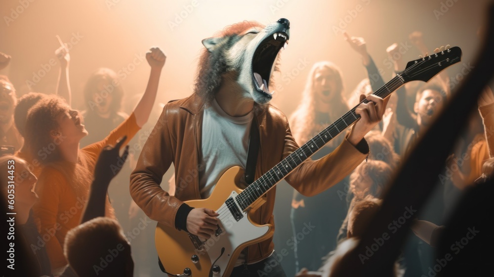 Poster a man in a wolf mask playing a guitar in front of a crowd. generative ai image.