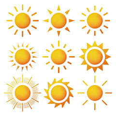 Sun icon set. Yellow sun star icons collection. Yellow suns circles. Trendy summer symbol. Vector illustration