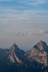 Beautiful view of mountain peaks with sunlight reflection