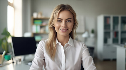 Beautiful smiling woman in white shirt sitting at her work desk. Generative Ai Illustration.