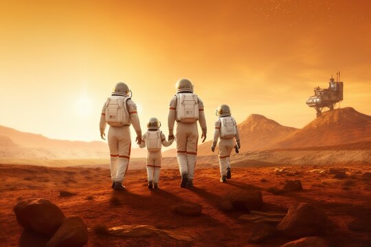 AI generated image of family walking on mars Generative AI
